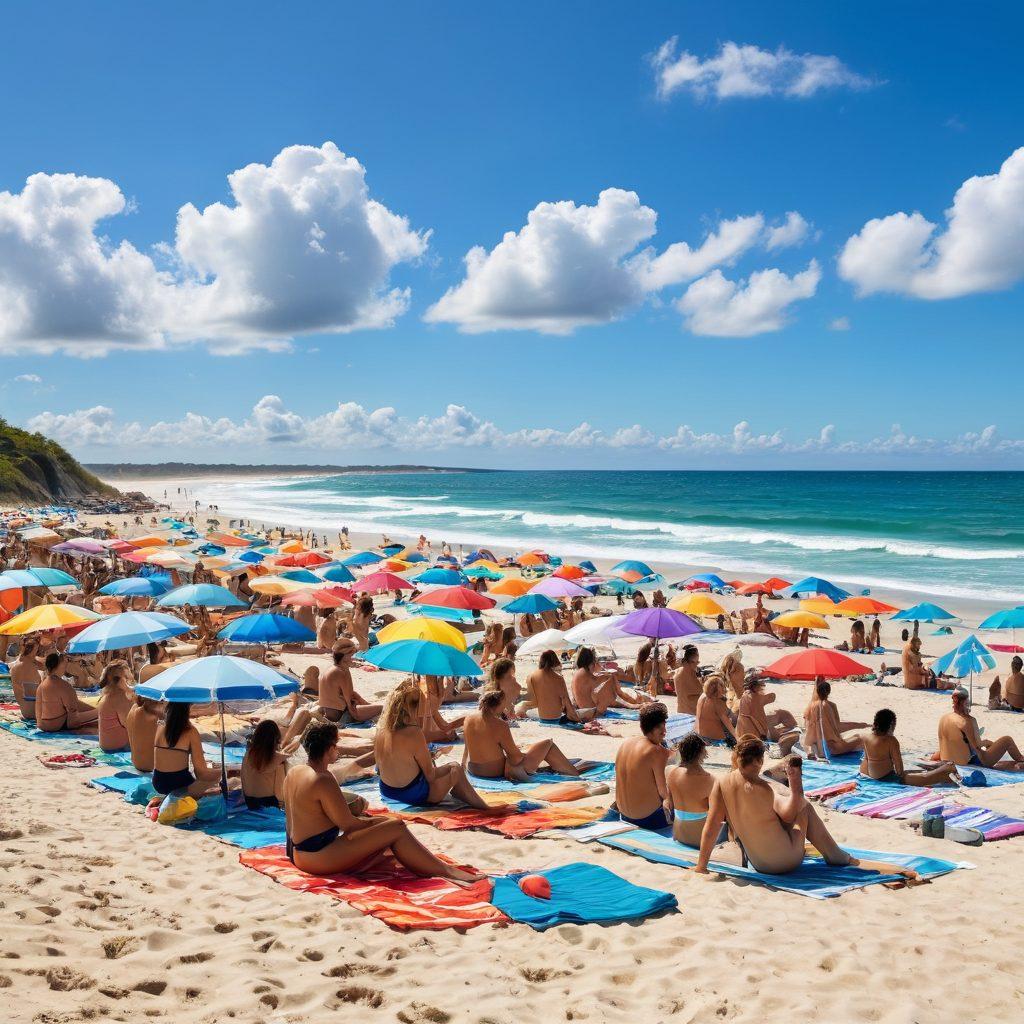 A sun-drenched nudist beach scene featuring diverse individuals of all body types confidently enjoying the sun and surf, showcasing various styles of swimwear that emphasize body positivity. Include elements like colorful beach umbrellas, towels, and playful beach waves in the background, with a bright blue sky scattered with fluffy white clouds. Capture the essence of freedom and acceptance in a vibrant, joyful atmosphere. super-realistic. vibrant colors. white background.