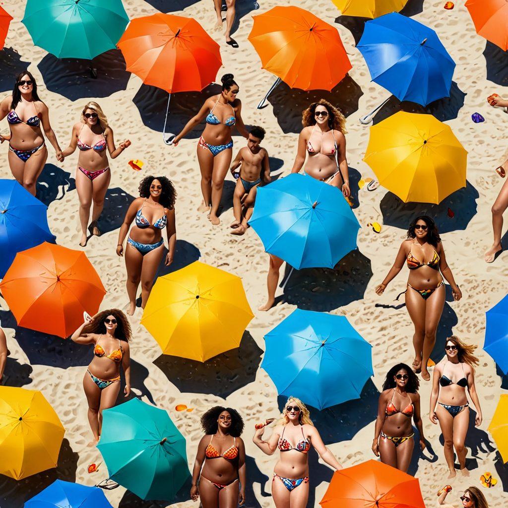 A vibrant beach scene filled with diverse individuals of all shapes and sizes enjoying the sun, showcasing colorful and stylish nudist beachwear. Incorporate elements of body positivity with smiling faces and a warm, inviting atmosphere, complemented by sun umbrellas, beach towels, and waves gently lapping at the shore. The sun should be shining brightly in a clear blue sky, adding a sense of joy and liberation to the environment. super-realistic. vibrant colors. warm tones.